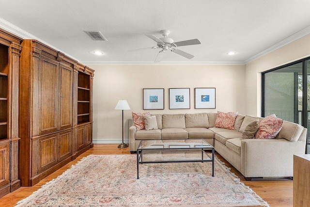 45 Stratford Ln Unit B, Boynton Beach, FL 33436 - living room with crown molding, ceiling fan, light wood-style floors, and recessed lighting