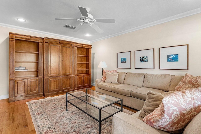45 Stratford Ln Unit B, Boynton Beach, FL 33436 - living area with crown molding, a ceiling fan, light wood-style flooring, and recessed lighting