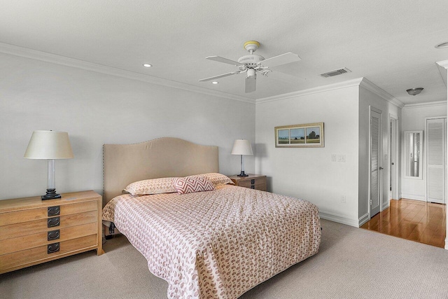 45 Stratford Ln Unit B, Boynton Beach, FL 33436 - bedroom featuring carpet, crown molding, recessed lighting, and a ceiling fan