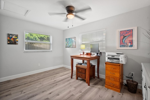 4931 SE Pompano Ter, Stuart, FL 34997 - home office with ceiling fan, attic access, and light wood-style floors