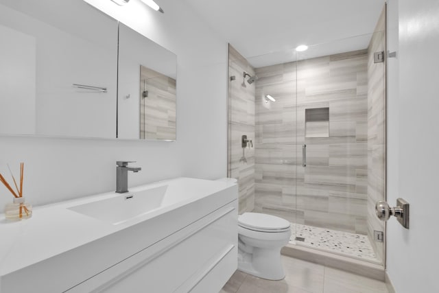 7197 Encina Ln, Boca Raton, FL 33433 - bathroom with vanity, a stall shower, tile patterned flooring, and recessed lighting