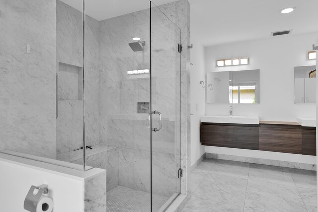 7197 Encina Ln, Boca Raton, FL 33433 - full bath with a marble finish shower, vanity, marble finish flooring, and recessed lighting