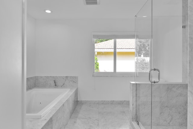 7197 Encina Ln, Boca Raton, FL 33433 - full bath featuring a whirlpool tub, a stall shower, and marble finish flooring