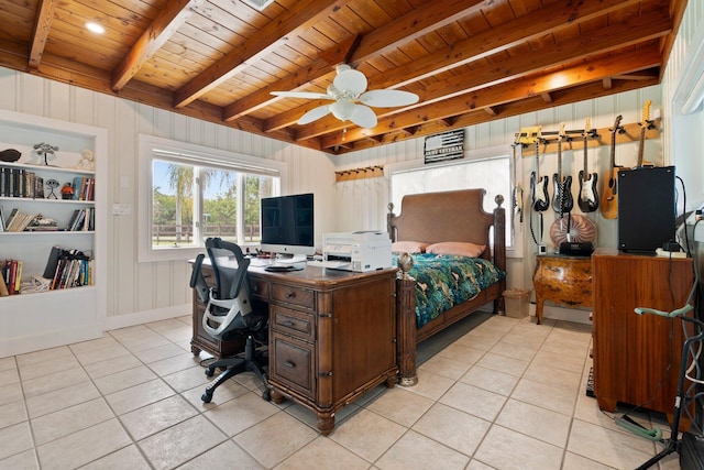 1400 Parkland Blvd, Fort Pierce, FL 34982 - bedroom with a wood ceiling with exposed beams, light tile patterned floors, an office area, and ceiling fan