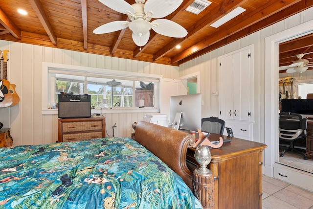 1400 Parkland Blvd, Fort Pierce, FL 34982 - bedroom with a wooden ceiling with exposed beams, light tile patterned flooring, and a ceiling fan
