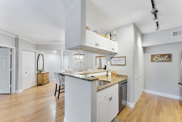 2218 Tuscany Way, Boynton Beach, FL 33435 - kitchen featuring stainless steel dishwasher, stone countertops, white cabinetry, light wood finished floors, and a textured ceiling