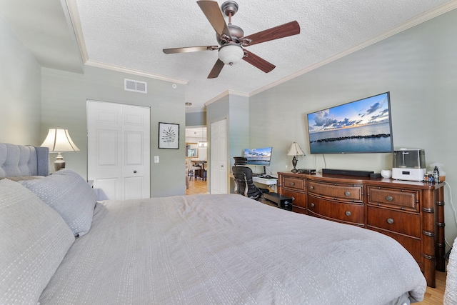 2218 Tuscany Way, Boynton Beach, FL 33435 - bedroom featuring a textured ceiling, crown molding, light wood-type flooring, a desk, and a ceiling fan