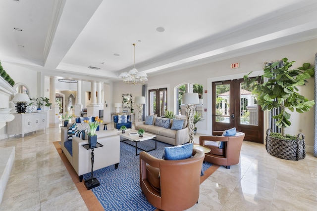 2218 Tuscany Way, Boynton Beach, FL 33435 - living area featuring french doors, a chandelier, and ornamental molding