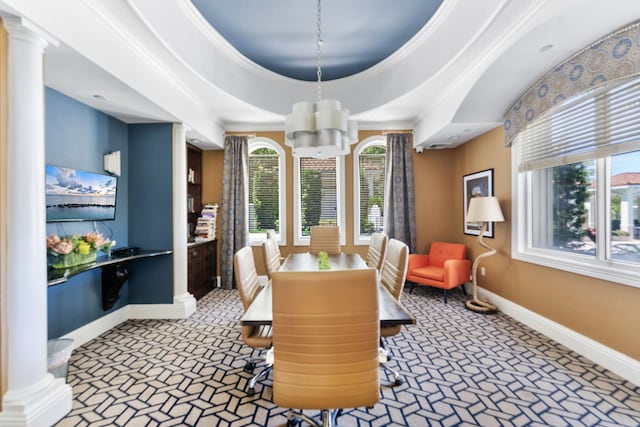 2218 Tuscany Way, Boynton Beach, FL 33435 - dining room featuring decorative columns, a chandelier, healthy amount of natural light, and a raised ceiling