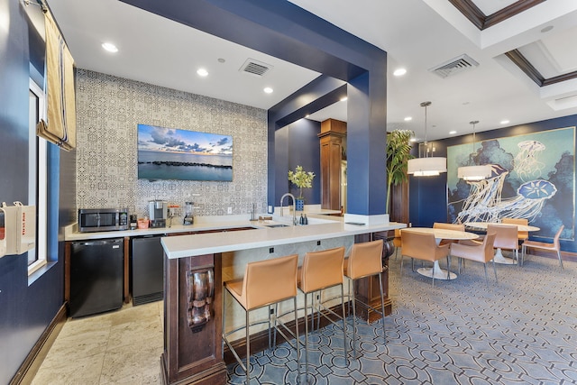 2218 Tuscany Way, Boynton Beach, FL 33435 - bar area with stainless steel microwave, recessed lighting, black dishwasher, and decorative light fixtures