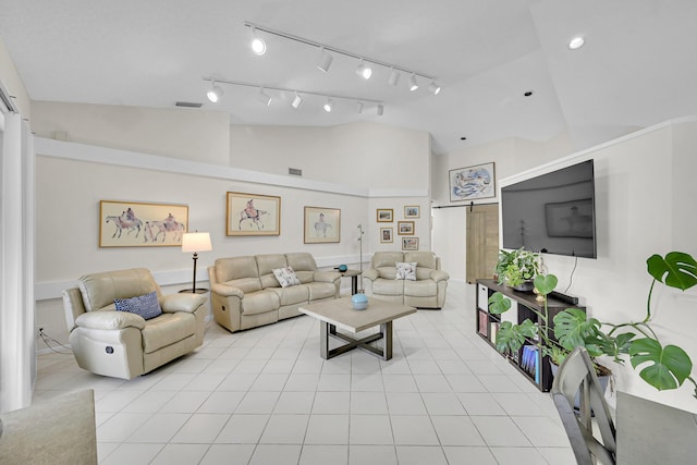 7861 Lexington Club Blvd Unit A, Delray Beach, FL 33446 - living area with lofted ceiling, light tile patterned floors, and rail lighting