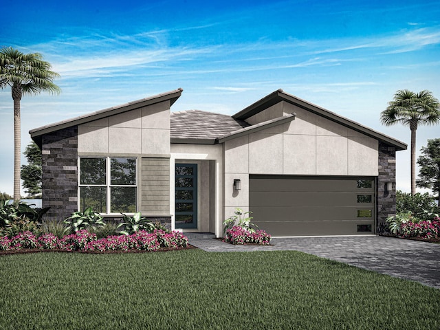 10484 SW Jadewood Ct, Port Saint Lucie, FL 34987 - contemporary house featuring a garage, stone siding, a front lawn, stucco siding, and driveway