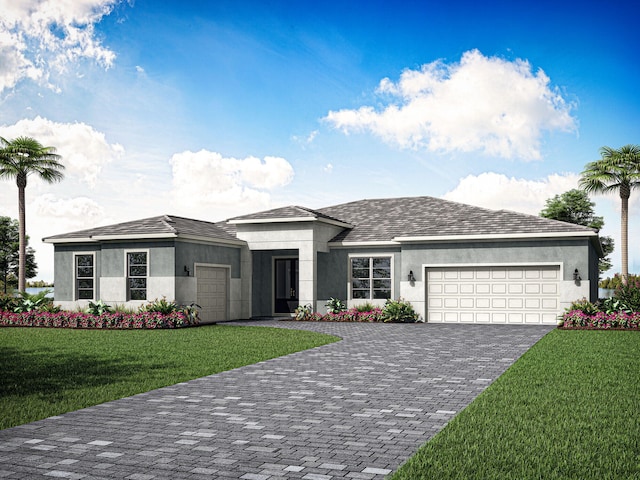 10718 SW Vineyard Dr, Port Saint Lucie, FL 34987 - view of front facade with an attached garage, a front lawn, decorative driveway, and stucco siding