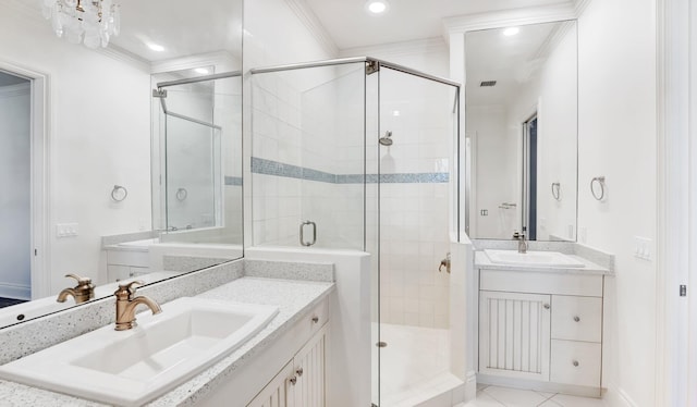 4917 Watersong Way, Fort Pierce, FL 34949 - bathroom featuring a shower stall, crown molding, two vanities, and recessed lighting