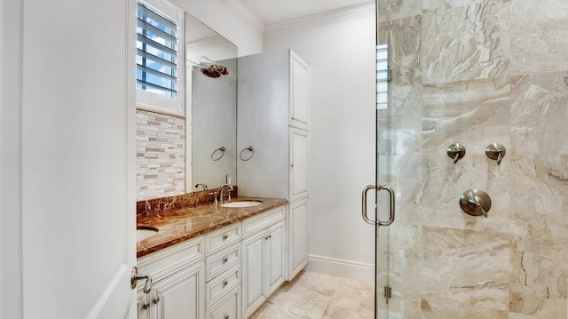 4917 Watersong Way, Fort Pierce, FL 34949 - bathroom with ornamental molding, a stall shower, double vanity, and marble finish flooring