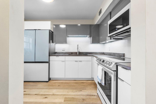 148 Lake Constance Dr Unit 148, West Palm Beach, FL 33411 - kitchen featuring appliances with stainless steel finishes, dark countertops, light wood finished floors, white cabinetry, and modern cabinets
