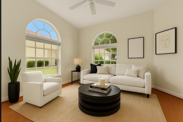 8851 Oldham Way, Palm Beach Gardens, FL 33412 - living room with wood finished floors, a ceiling fan, and lofted ceiling