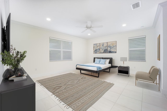 2571 SW Berry Park Cir, Palm City, FL 34990 - bedroom with light tile patterned floors, crown molding, recessed lighting, and ceiling fan