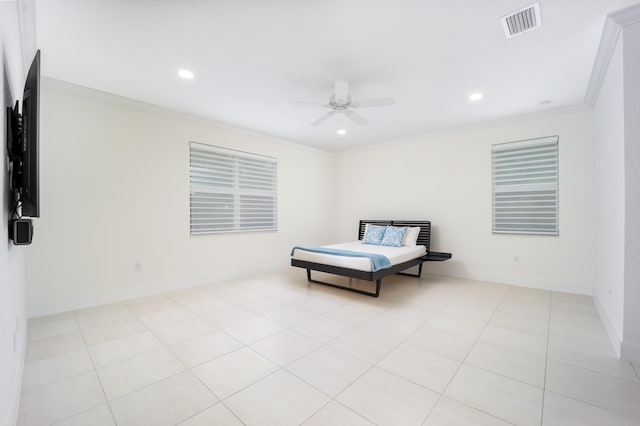 2571 SW Berry Park Cir, Palm City, FL 34990 - bedroom featuring ornamental molding, recessed lighting, ceiling fan, and light tile patterned flooring