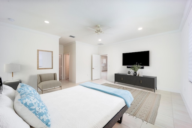 2571 SW Berry Park Cir, Palm City, FL 34990 - bedroom featuring light tile patterned floors, recessed lighting, ornamental molding, and a ceiling fan