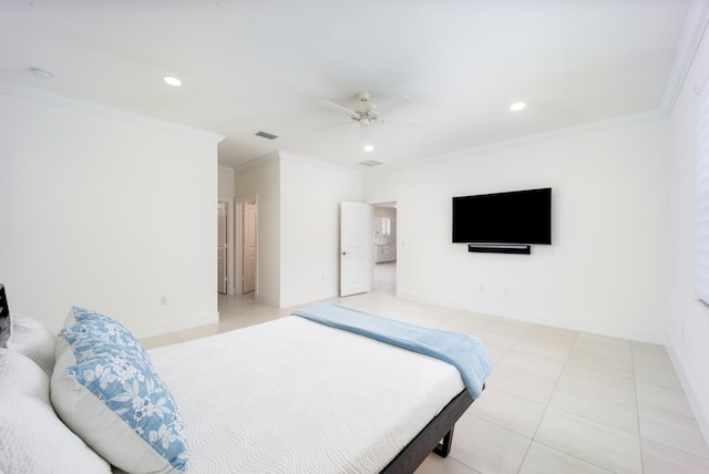2571 SW Berry Park Cir, Palm City, FL 34990 - bedroom featuring light tile patterned flooring, recessed lighting, crown molding, and ceiling fan