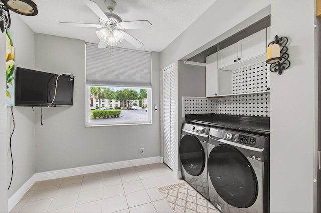 16 Willowbrook Ln Unit 102, Delray Beach, FL 33446 - washroom with separate washer and dryer, a ceiling fan, and light tile patterned floors