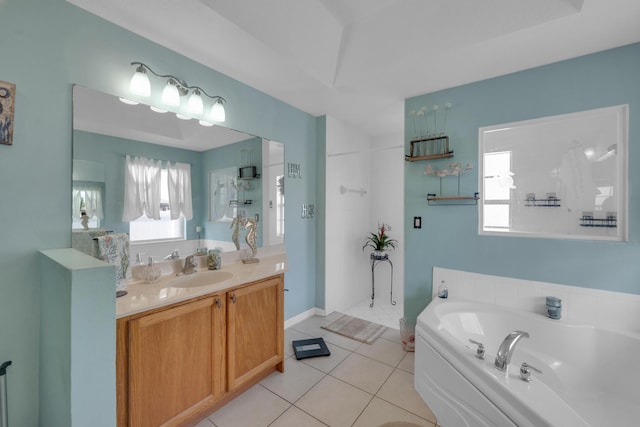 3982 SW Kabane St, Port Saint Lucie, FL 34953 - bathroom with a walk in shower, vanity, a bath, and plenty of natural light