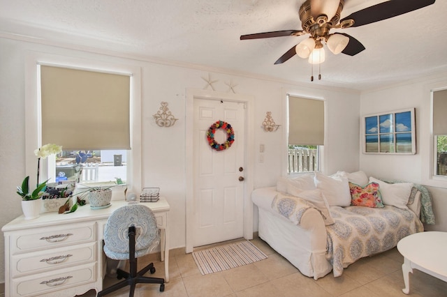 406 N D St, Lake Worth Beach, FL 33460 - living area featuring an office area, crown molding, a ceiling fan, and light tile patterned floors