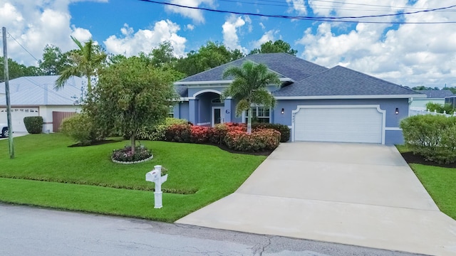 5927 NW Favian Ave, Port Saint Lucie, FL 34986 - ranch-style home featuring an attached garage, a front yard, a shingled roof, stucco siding, and driveway