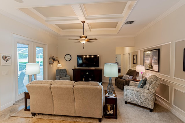 5927 NW Favian Ave, Port Saint Lucie, FL 34986 - living room featuring ornamental molding, coffered ceiling, ceiling fan, and beam ceiling