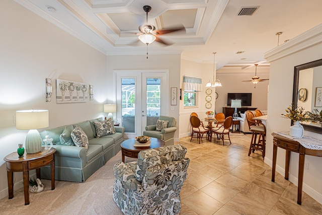 5927 NW Favian Ave, Port Saint Lucie, FL 34986 - living room featuring ceiling fan, ornamental molding, coffered ceiling, and a chandelier