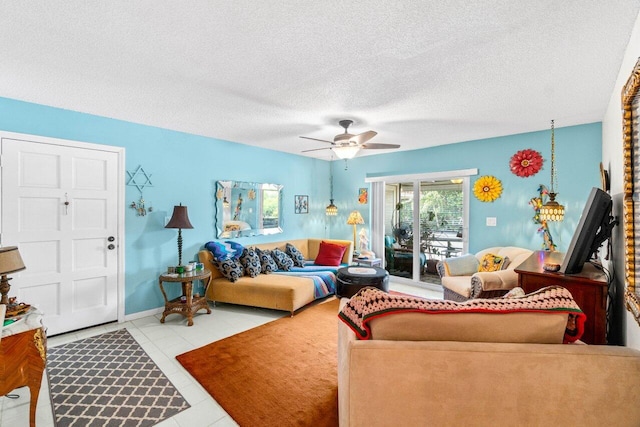 1124 NW 13th St Unit 204A, Boca Raton, FL 33486 - tiled living area with a ceiling fan and a textured ceiling