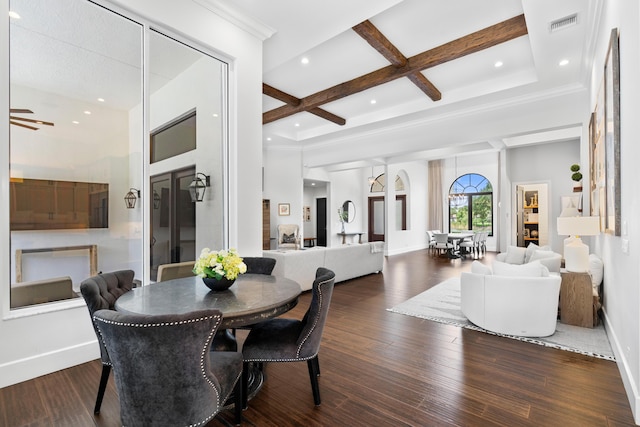 1257 Breakers W Blvd, West Palm Beach, FL 33411 - dining room with coffered ceiling, beamed ceiling, wood finished floors, and recessed lighting