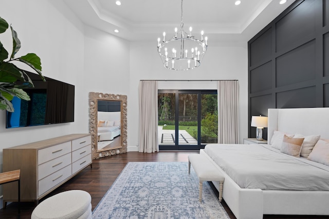 1257 Breakers W Blvd, West Palm Beach, FL 33411 - bedroom with access to outside, a high ceiling, a tray ceiling, recessed lighting, and a chandelier