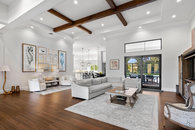1257 Breakers W Blvd, West Palm Beach, FL 33411 - living area with a high ceiling, coffered ceiling, recessed lighting, and wood finished floors
