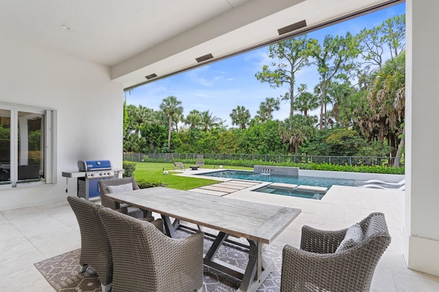 1257 Breakers W Blvd, West Palm Beach, FL 33411 - fenced backyard featuring an in-ground hot tub, a patio area, grilling area, outdoor dining area, and view of wooded area