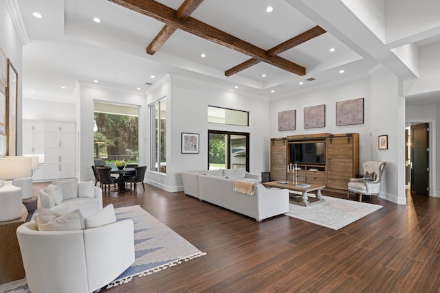 1257 Breakers W Blvd, West Palm Beach, FL 33411 - living room with coffered ceiling, recessed lighting, dark wood-style flooring, beamed ceiling, and a towering ceiling