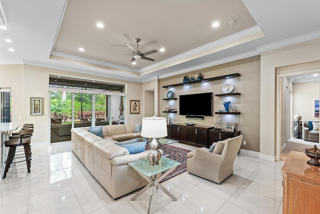 8271 Green Mountain Rd, Boynton Beach, FL 33473 - living room with a tray ceiling, a ceiling fan, crown molding, and recessed lighting