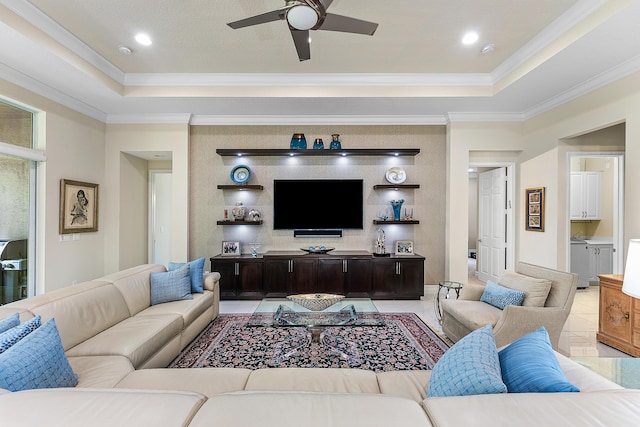 8271 Green Mountain Rd, Boynton Beach, FL 33473 - living room featuring a tray ceiling, crown molding, a ceiling fan, light tile patterned floors, and recessed lighting