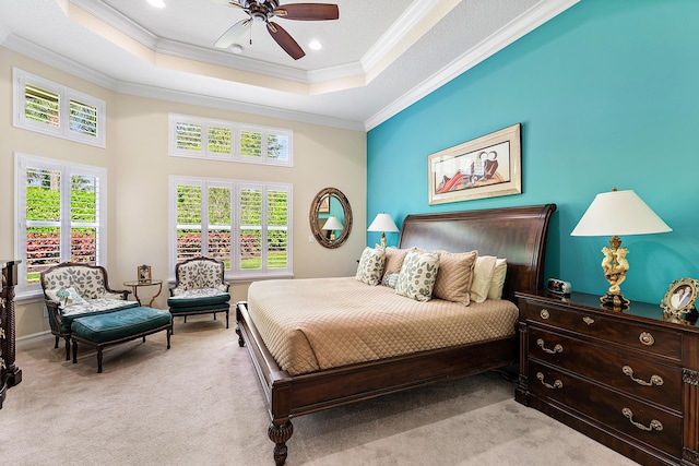 8271 Green Mountain Rd, Boynton Beach, FL 33473 - bedroom featuring light carpet, a tray ceiling, ornamental molding, a ceiling fan, and recessed lighting