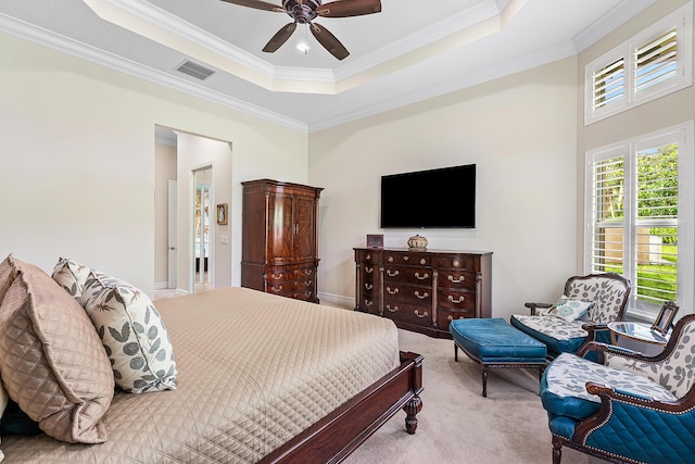8271 Green Mountain Rd, Boynton Beach, FL 33473 - carpeted bedroom with ornamental molding, a raised ceiling, and ceiling fan