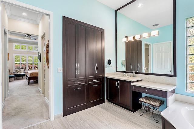 8271 Green Mountain Rd, Boynton Beach, FL 33473 - ensuite bathroom with plenty of natural light, vanity, ceiling fan, ornamental molding, and a tub to relax in