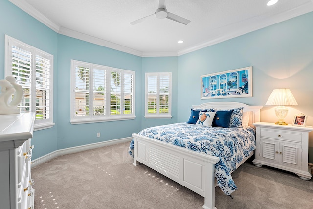 8271 Green Mountain Rd, Boynton Beach, FL 33473 - bedroom featuring light colored carpet, crown molding, recessed lighting, and a ceiling fan
