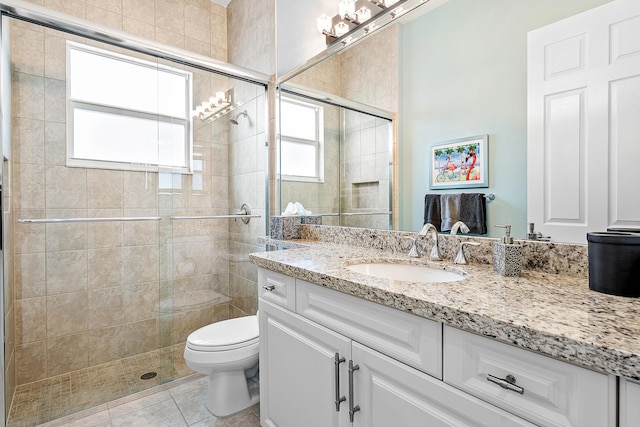 8271 Green Mountain Rd, Boynton Beach, FL 33473 - bathroom featuring vanity, a stall shower, and tile patterned floors