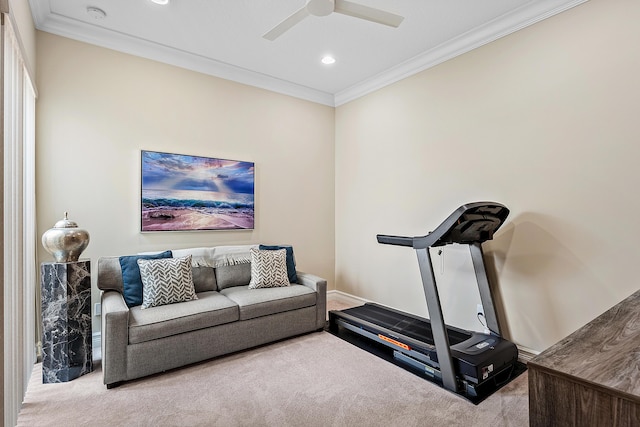 8271 Green Mountain Rd, Boynton Beach, FL 33473 - workout area featuring carpet, crown molding, ceiling fan, and recessed lighting