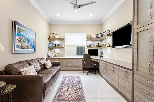 8271 Green Mountain Rd, Boynton Beach, FL 33473 - office with built in desk, a ceiling fan, ornamental molding, light tile patterned floors, and recessed lighting
