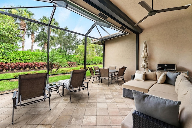 8271 Green Mountain Rd, Boynton Beach, FL 33473 - view of patio / terrace with outdoor dining area, outdoor lounge area, a lanai, and ceiling fan