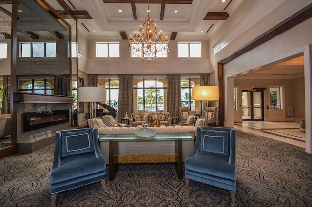 8271 Green Mountain Rd, Boynton Beach, FL 33473 - community lobby with a high ceiling, coffered ceiling, beamed ceiling, and recessed lighting