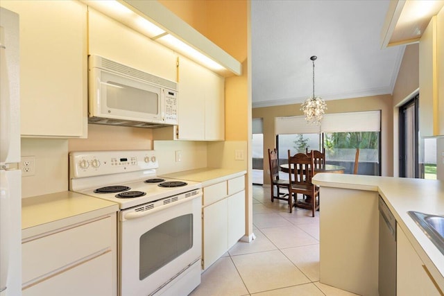 2646 Mohawk Cir, West Palm Beach, FL 33409 - kitchen with white appliances, a chandelier, ornamental molding, light countertops, and hanging light fixtures