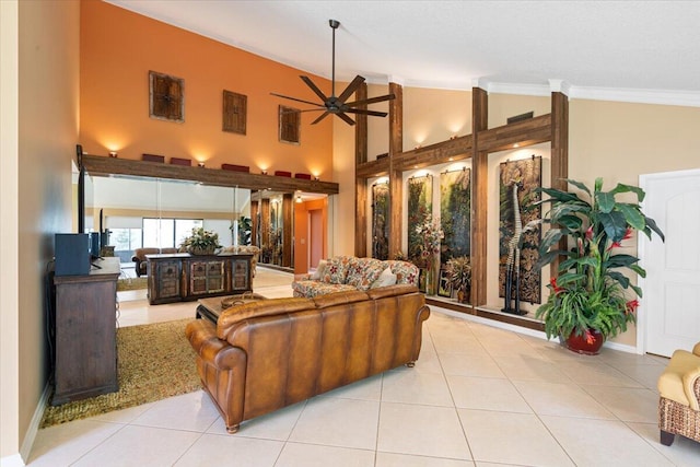2646 Mohawk Cir, West Palm Beach, FL 33409 - tiled living room with ceiling fan and high vaulted ceiling